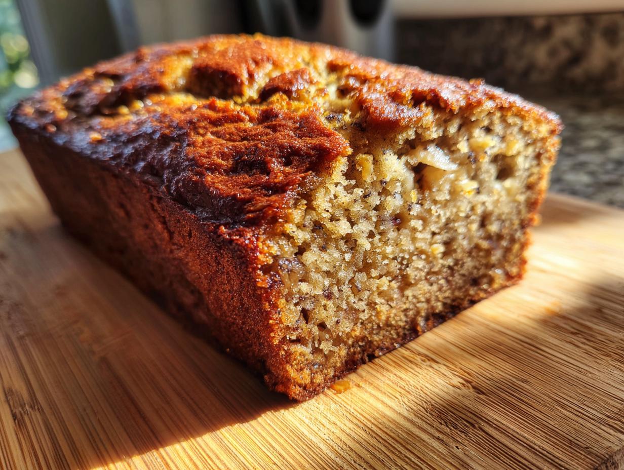 A close-up of a perfectly baked, moist banana bread loaf on a wooden cutting board.