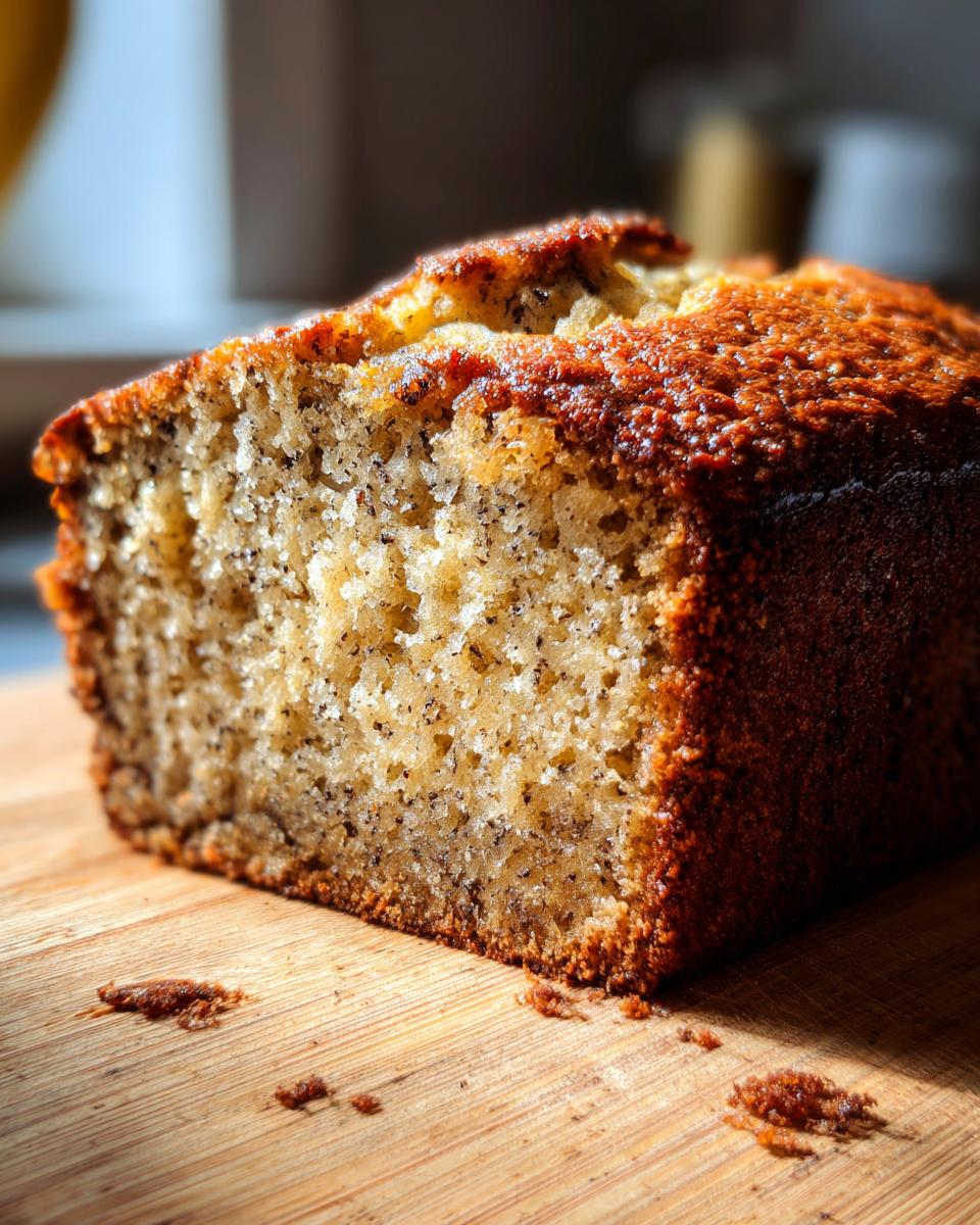 Close-up of a moist slice of banana bread with visible banana specks, resting on a wooden cutting board.