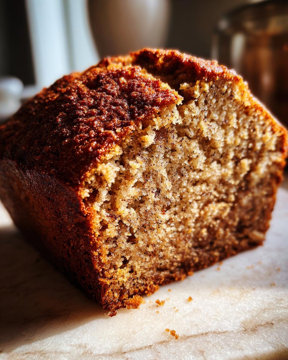 Close-up of a moist slice of homemade banana bread, showing its tender crumb and golden-brown crust.