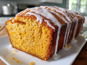 A close-up of a freshly baked sweet potato pound cake loaf, sliced to show the moist orange crumb, topped with a thick white glaze.