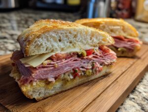 Close-up of a Muffuletta sandwich slice on a wooden board, showing layers of meat, cheese, and olive salad.