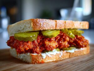 A close-up of a Nashville hot chicken sandwich on white bread with pickles and creamy sauce.