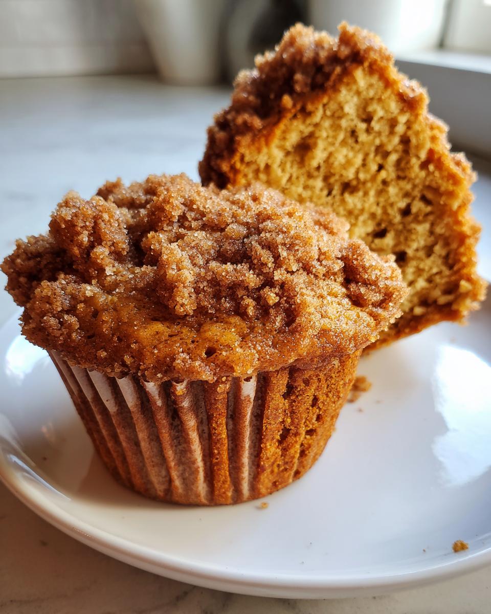 A close-up of a delicious oatmeal muffin topped with brown sugar streusel, with a second muffin cut in half beside it.