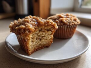 A halved oatmeal muffin showing its moist crumb and crunchy streusel topping, next to a whole one.