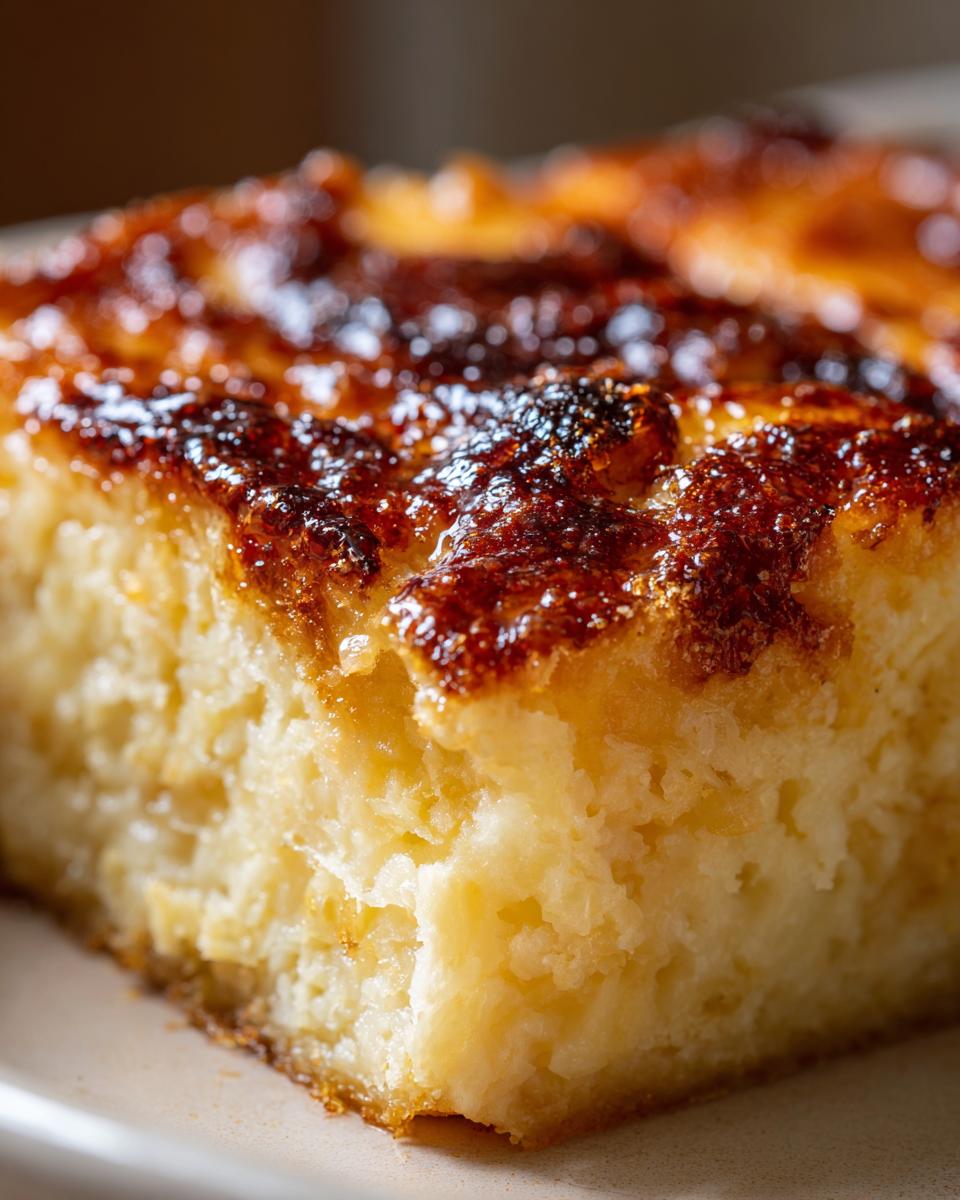 Close-up of a golden-brown, caramelized top on a slice of old-fashioned bread pudding.