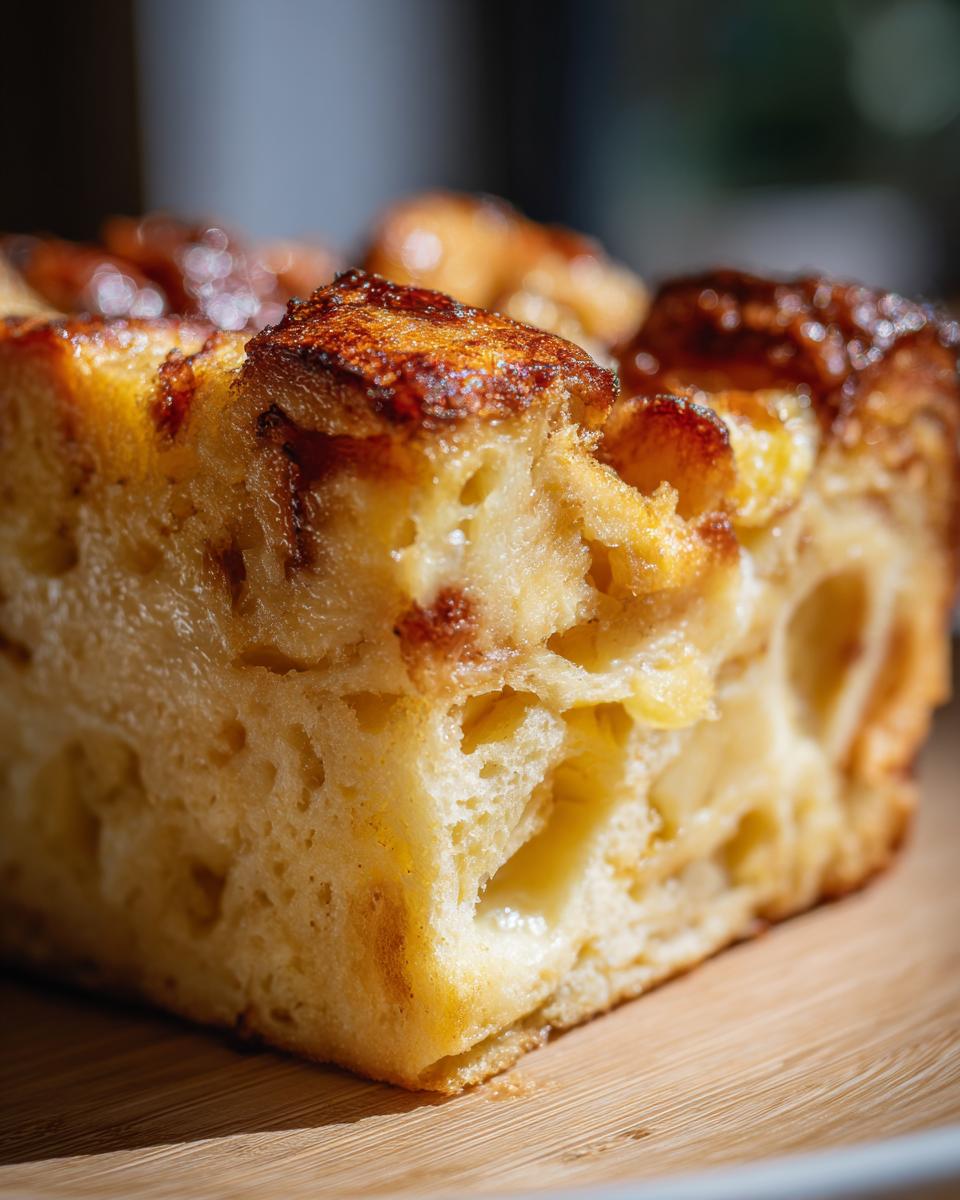 A close-up view of a slice of old-fashioned bread pudding with a golden-brown caramelized top.