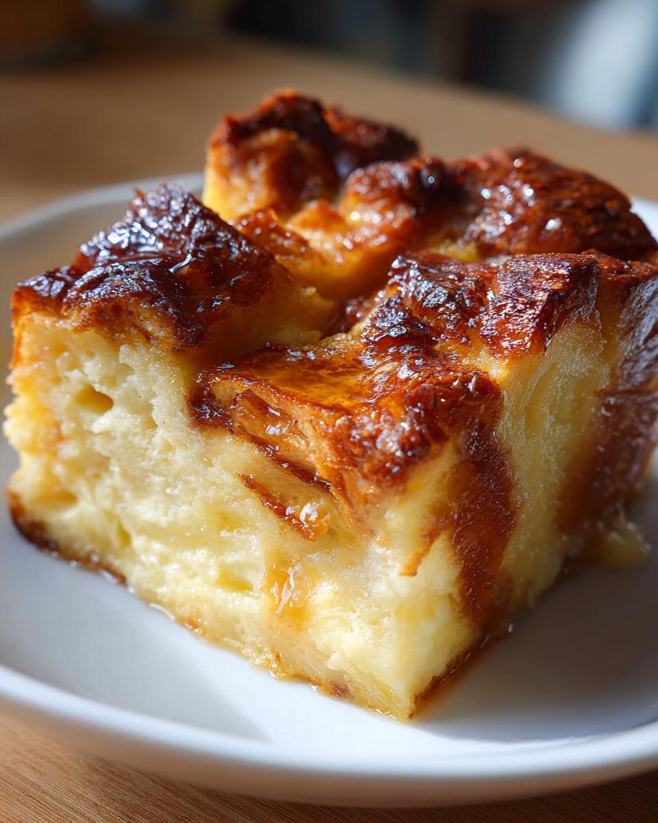 A close-up of a golden-brown slice of old-fashioned bread pudding on a white plate, glistening with syrup.