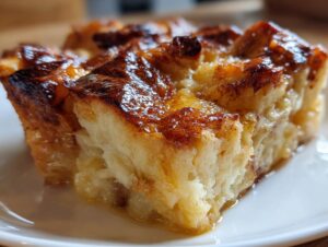 Close-up of a golden-brown slice of old-fashioned bread pudding on a white plate, with a glossy, caramelized topping.