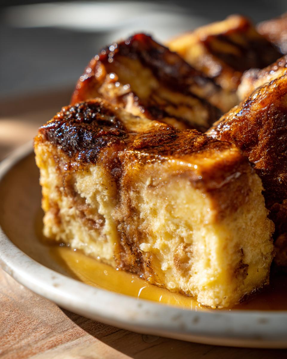 Close-up of a warm slice of old-fashioned bread pudding, drizzled with syrup and showing cinnamon swirls.