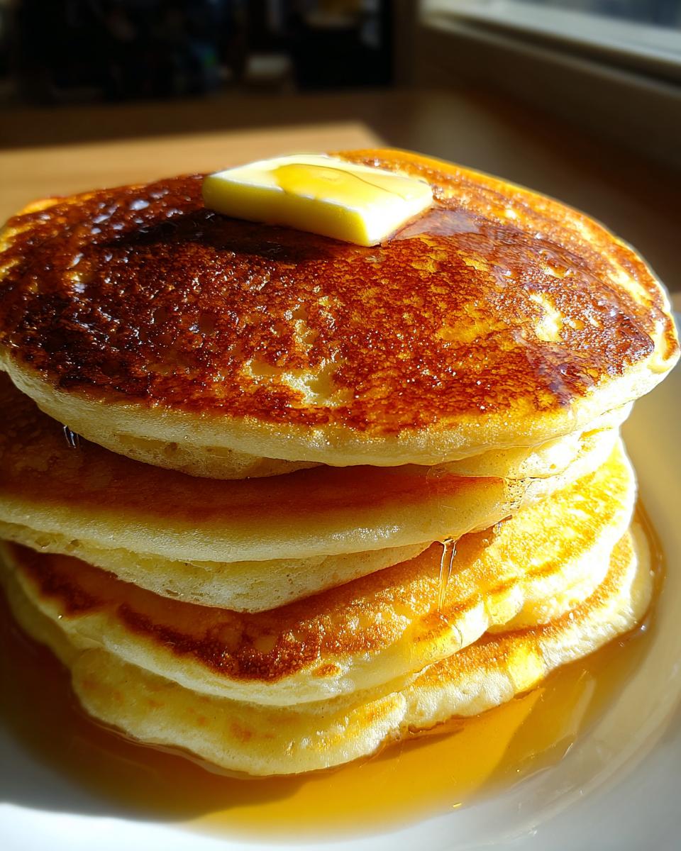 A stack of fluffy old fashioned pancakes topped with a pat of butter and drizzled with syrup.