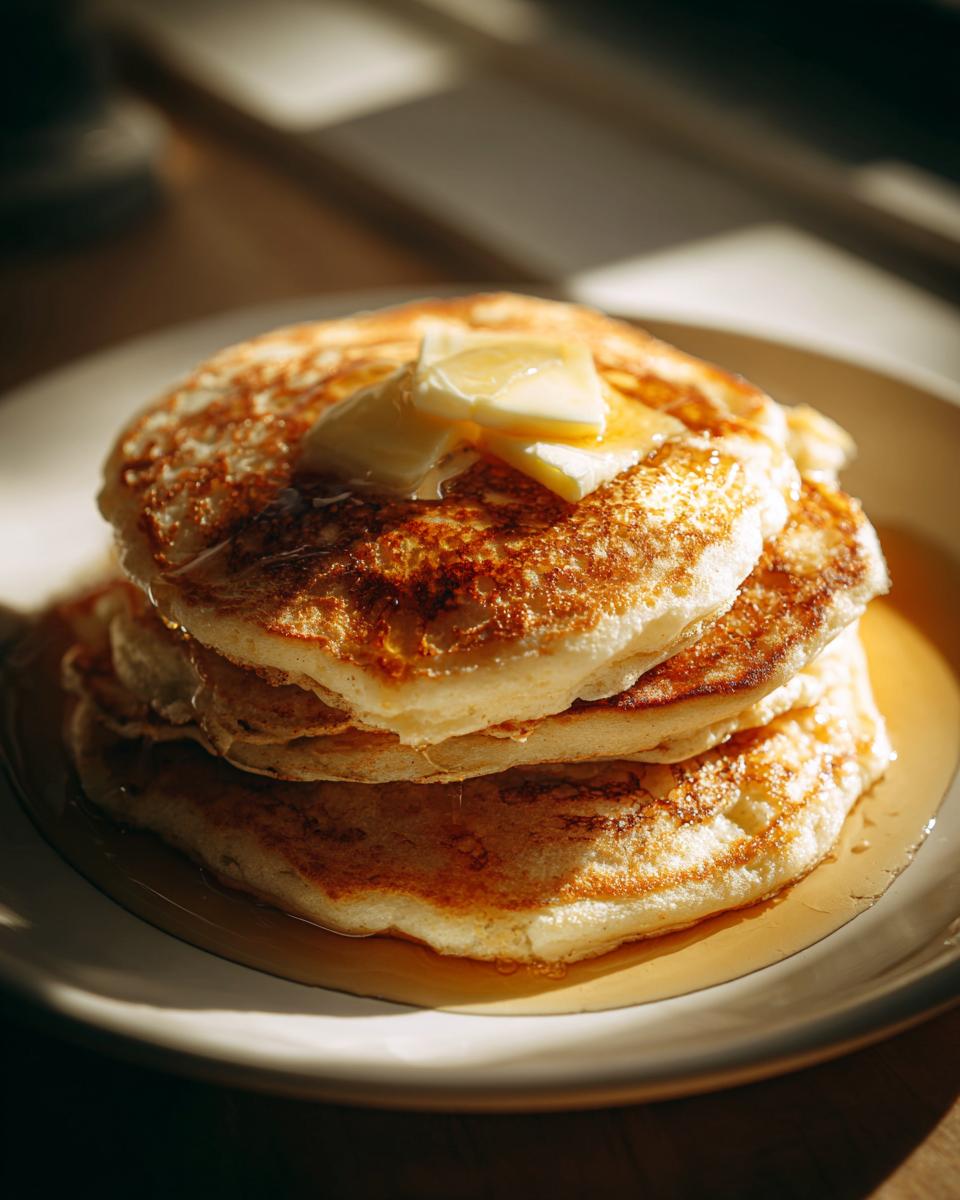 A stack of fluffy old fashioned pancakes topped with melting butter and drizzled with syrup.