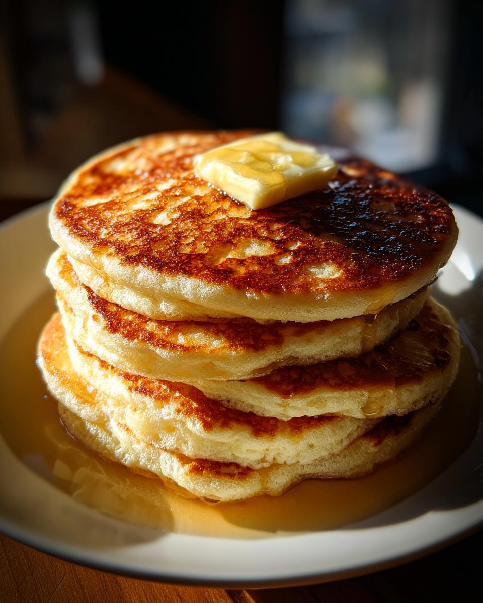 A stack of fluffy old fashioned pancakes topped with a pat of melting butter and syrup.