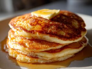 A stack of fluffy old fashioned pancakes topped with a pat of butter and drizzled with syrup.
