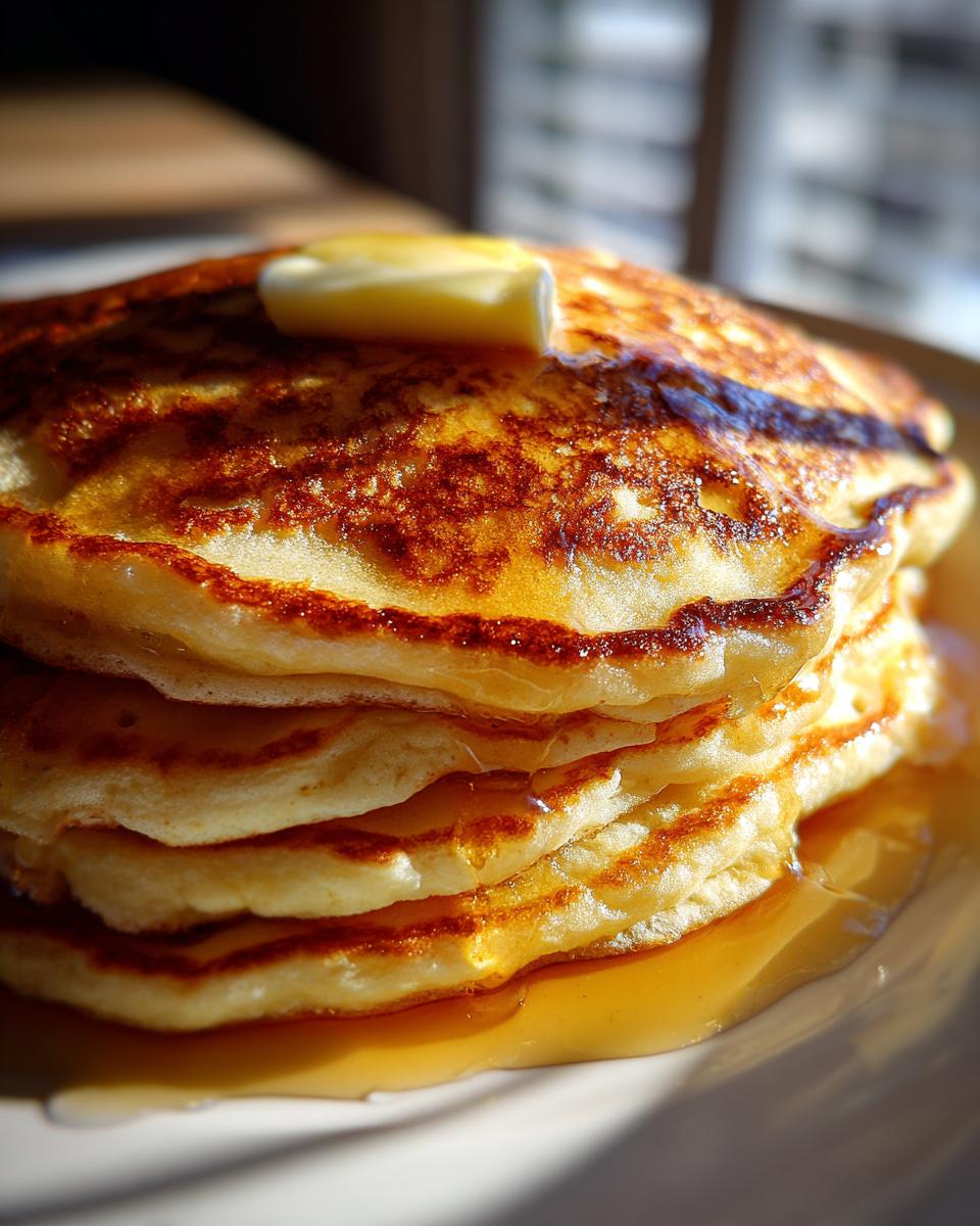 A stack of fluffy old fashioned pancakes topped with a pat of butter and drizzled with syrup.
