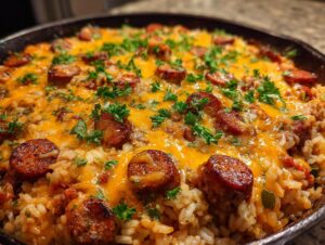 A close-up of a one-pot sausage and rice dish topped with melted cheddar cheese and fresh parsley.