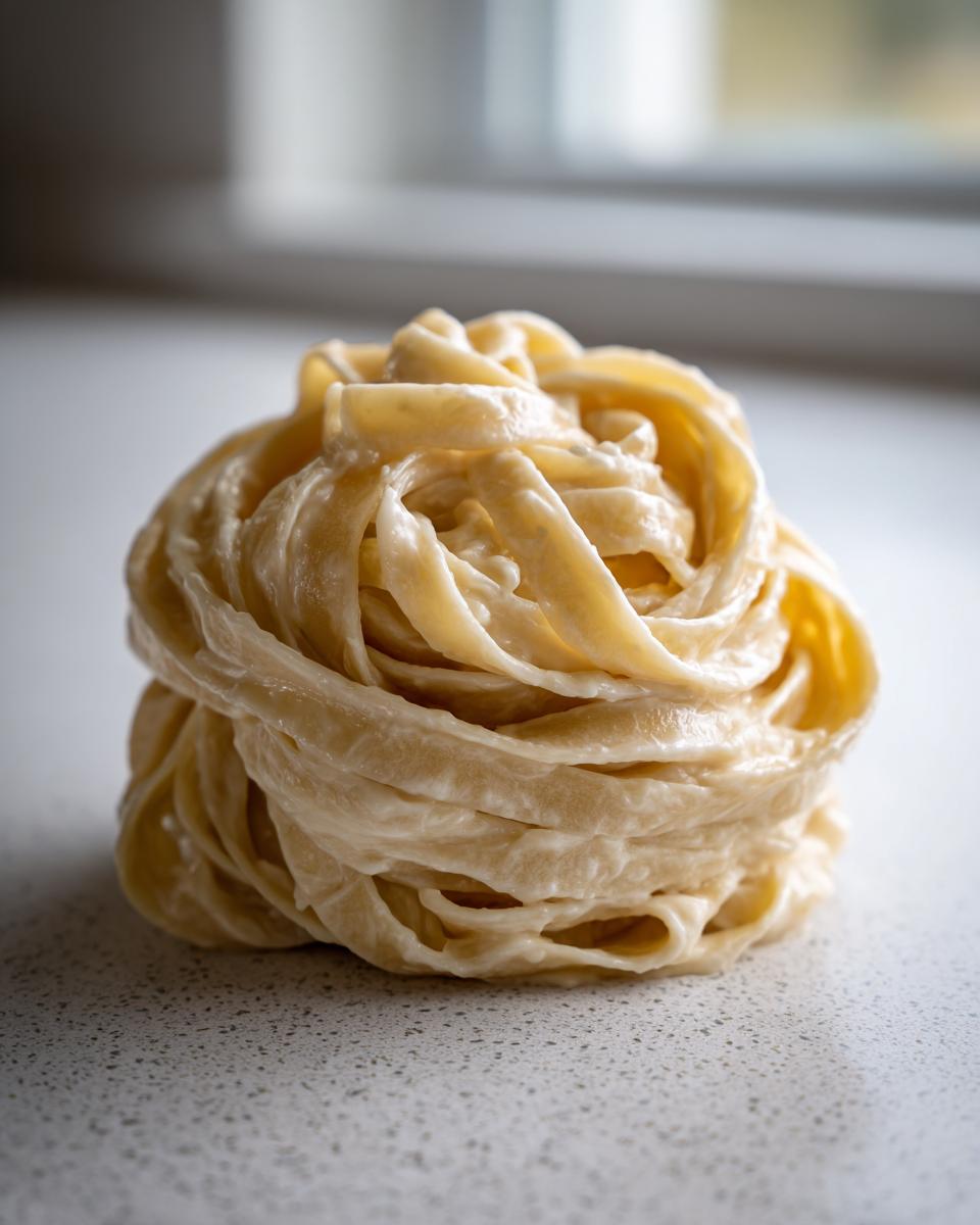 Fettuccine pasta nest coated generously with creamy homemade alfredo sauce, sitting on a light countertop.