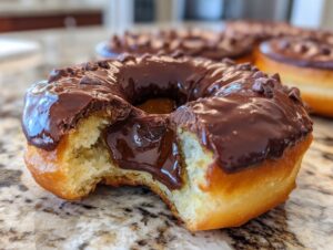 A bite taken out of a chocolate-glazed peanut butter cup stuffed donut, revealing the fluffy interior and gooey filling.