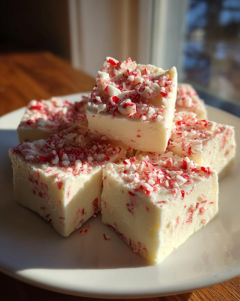 Five squares of creamy white peppermint fudge topped generously with crushed red and white candy canes, sitting on a white plate.