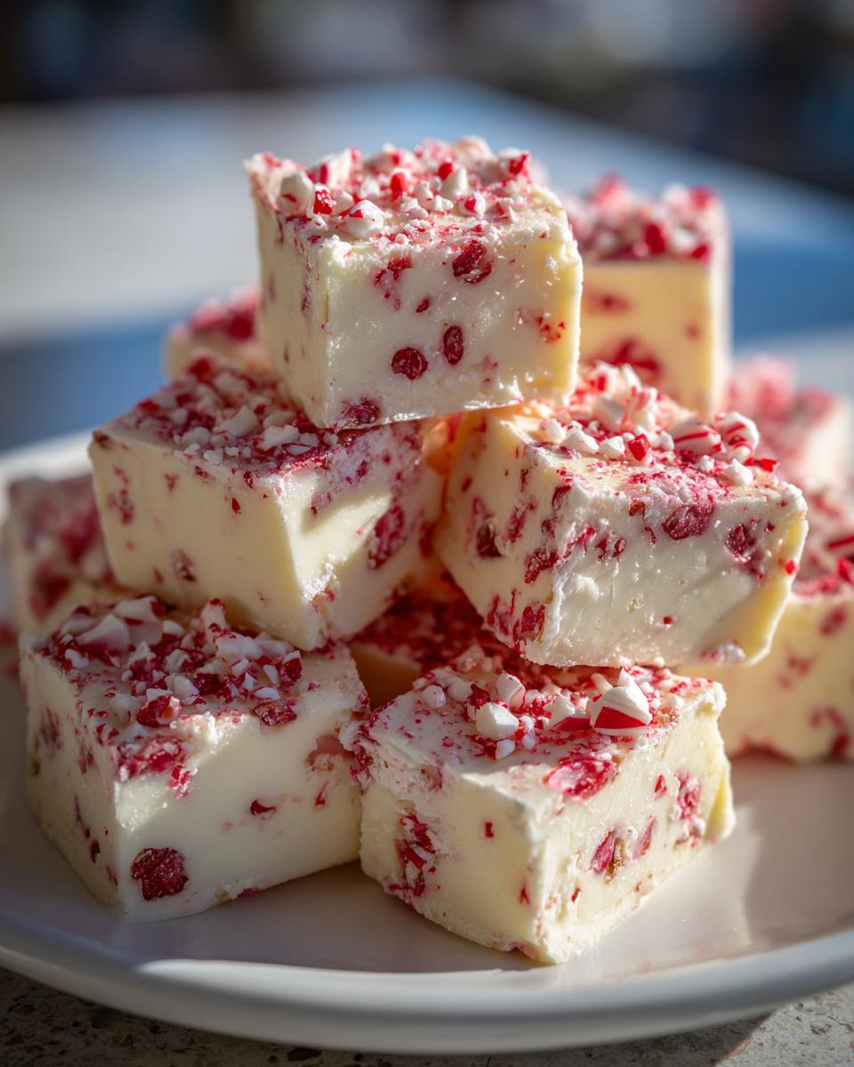 A stack of creamy white peppermint fudge squares topped with crushed candy canes.
