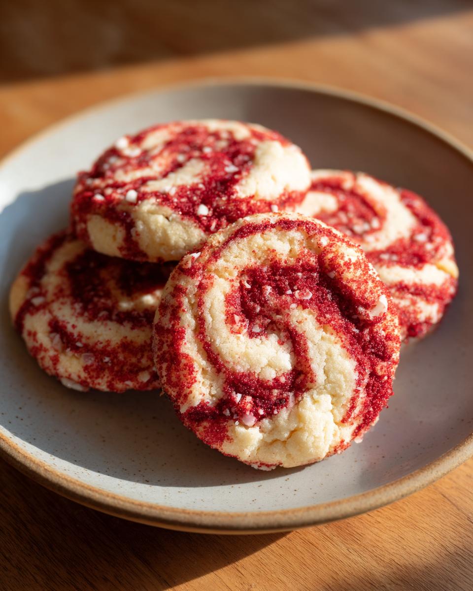 A close-up of four festive peppermint swirl cookies, coated in red sugar and crushed candy canes, on a light grey plate.