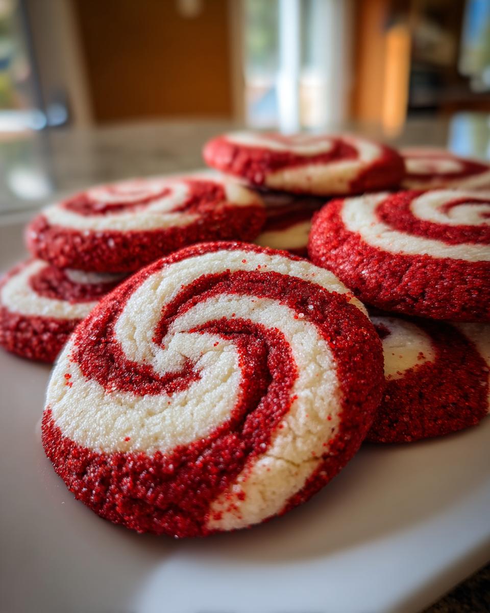 Close-up of a stack of festive peppermint swirl cookies, coated in red sugar.