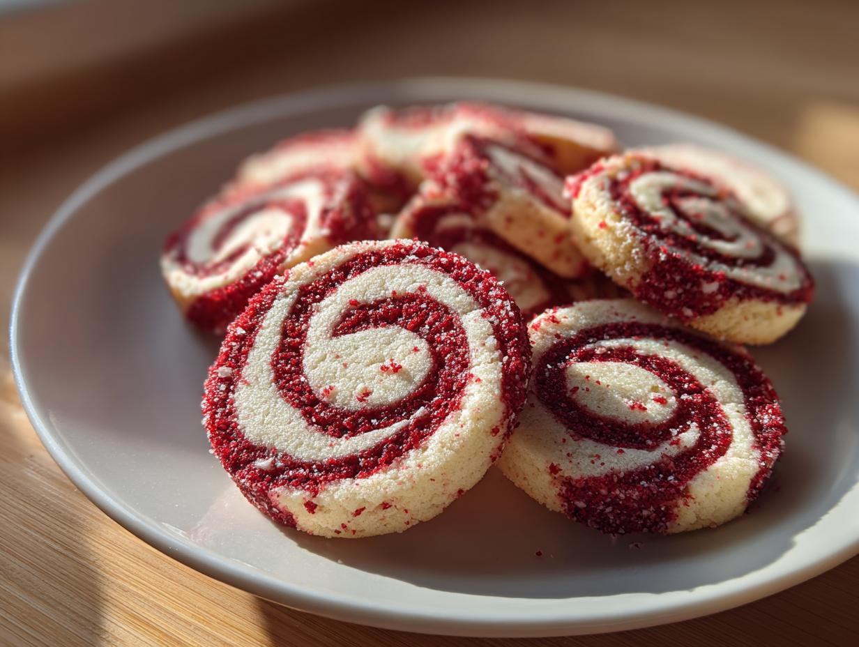 Close-up of festive peppermint swirl cookies with red and white spirals on a white plate.