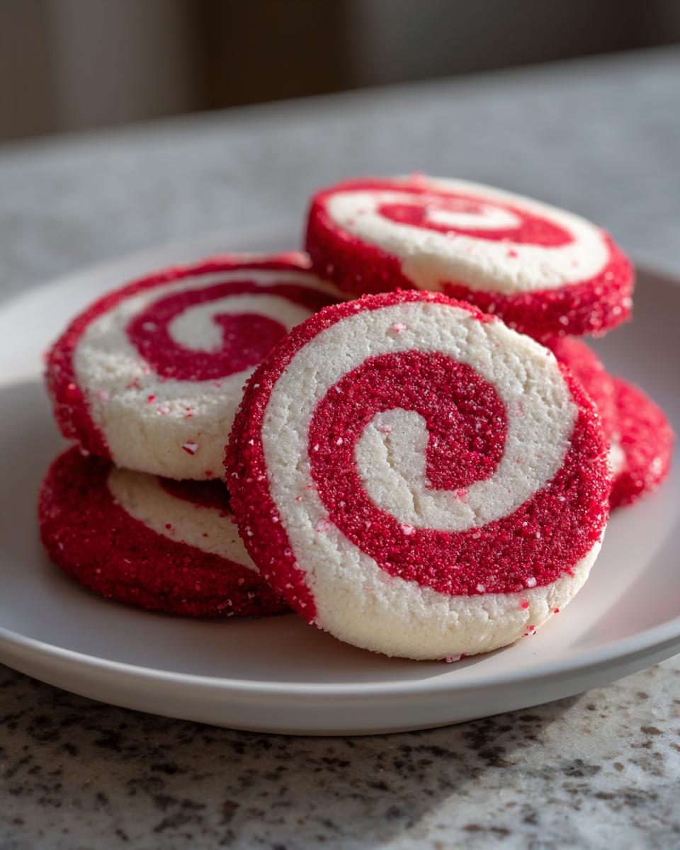 Close-up of stacked peppermint swirl cookies, coated in red sugar, on a white plate.