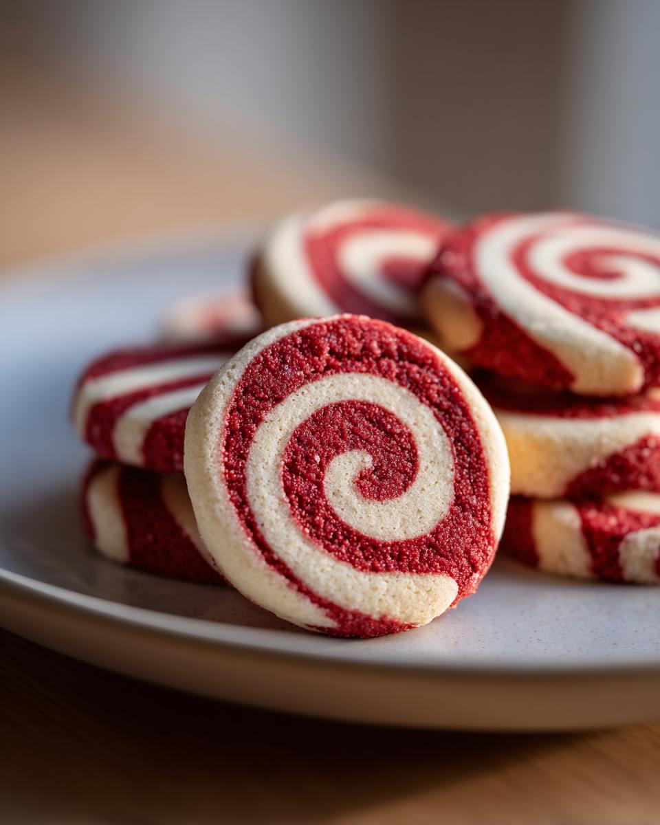 Close-up of a stack of festive peppermint swirl cookies with red and white spirals on a plate.