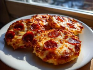 Three perfectly baked pepperoni english muffin pizza halves topped with melted, bubbly cheese, served on a white plate.