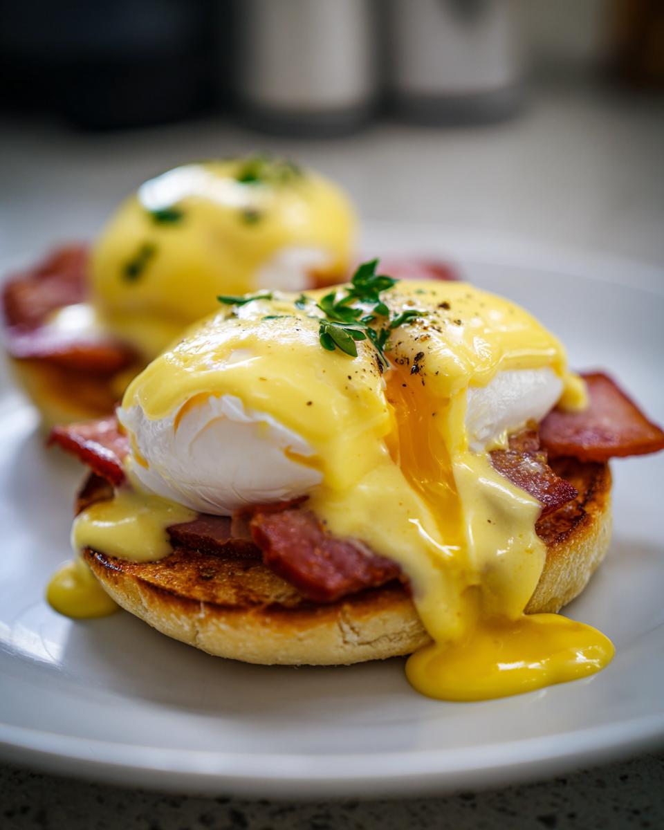 Close-up of two servings of eggs benedict on an English muffin with bacon and rich hollandaise sauce dripping down.