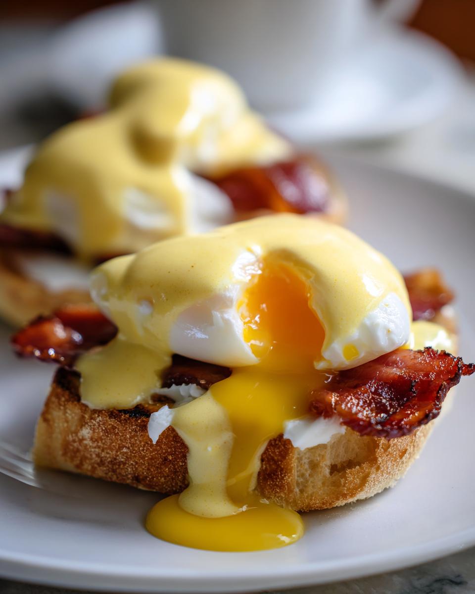 Close-up of delicious eggs benedict on toast, featuring a perfectly poached egg with a runny yolk spilling over bacon and hollandaise sauce.