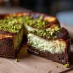A slice of Pistachio Brownie Basque Cheesecake with a rich chocolate base and creamy filling, topped with chopped pistachios.