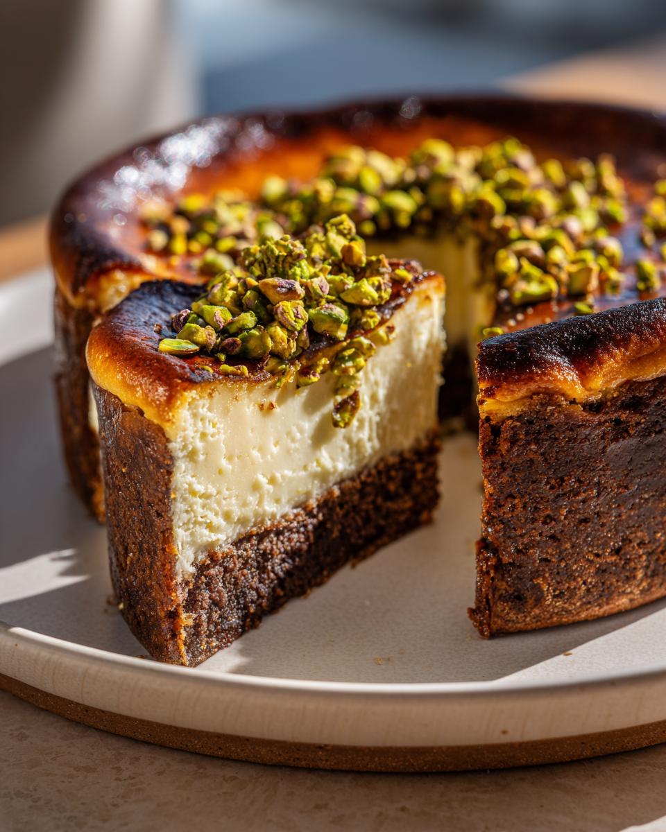 A slice of Pistachio Brownie Basque Cheesecake topped with chopped pistachios, showcasing its creamy interior and brownie base.