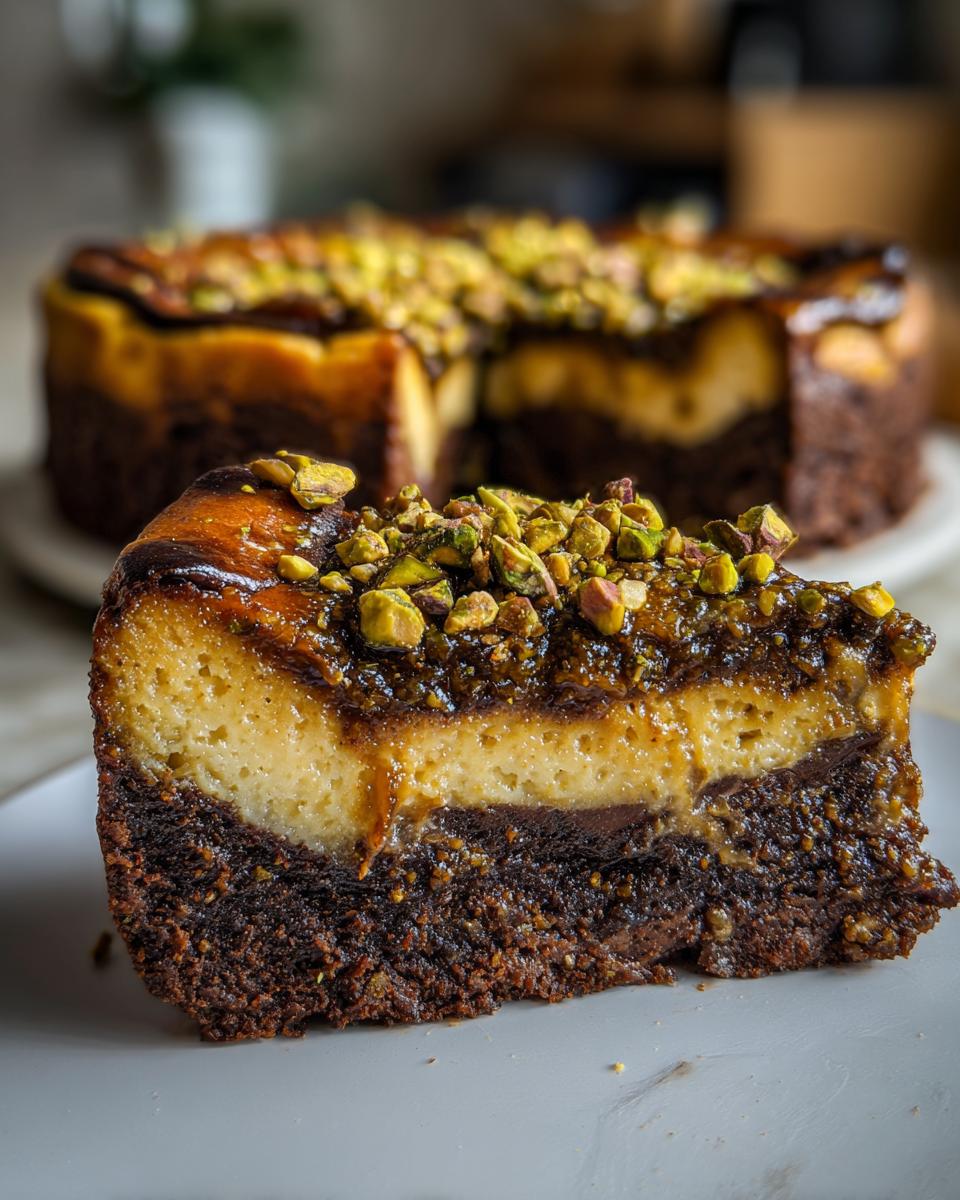 A slice of Pistachio Brownie Basque Cheesecake, showcasing layers of rich brownie, creamy cheesecake, and a pistachio topping.