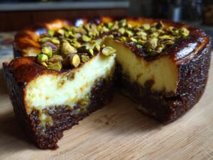 A slice of Pistachio Brownie Basque Cheesecake, showcasing the rich chocolate brownie base and creamy cheesecake topping sprinkled with pistachios.