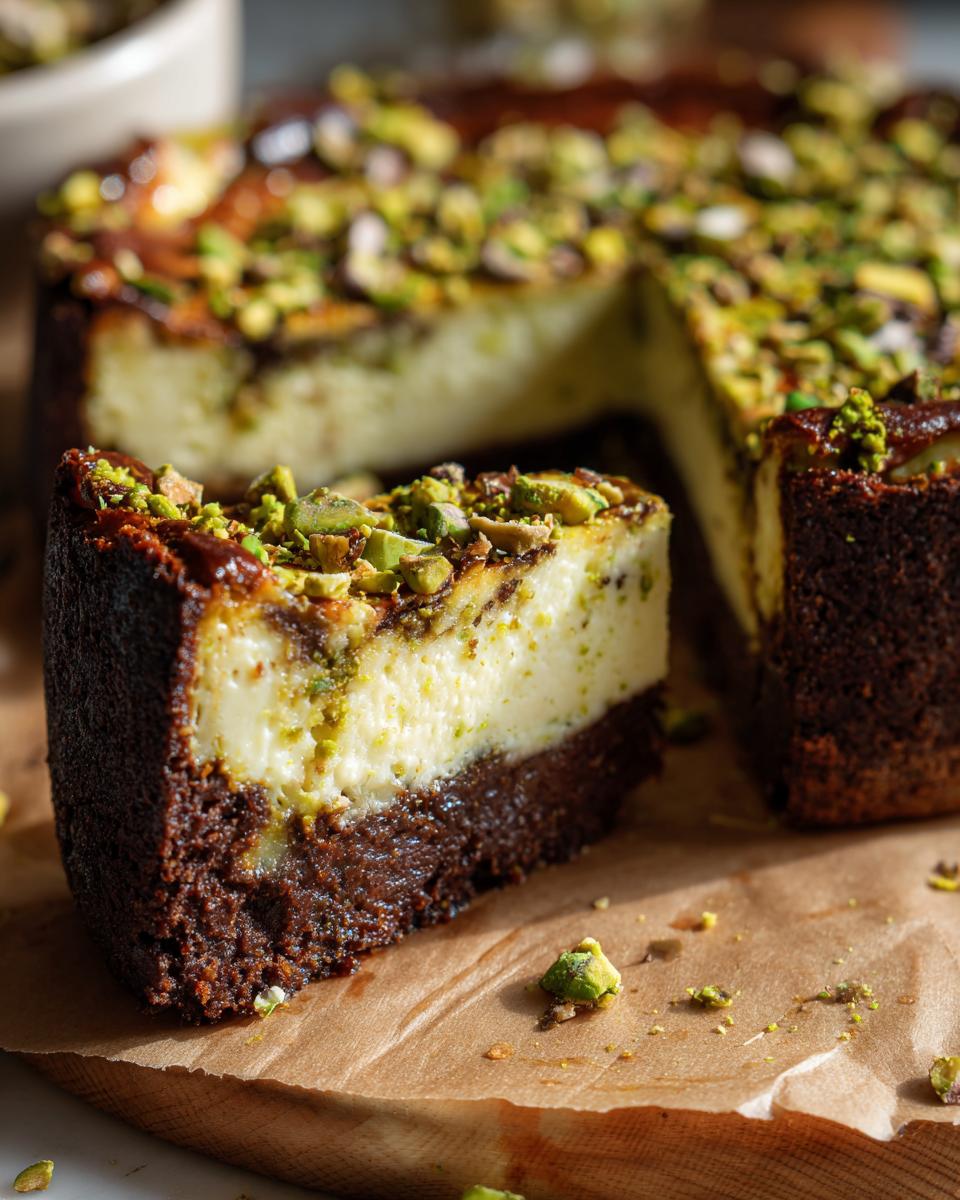A slice of Pistachio Brownie Basque Cheesecake topped with chopped pistachios and a drizzle of chocolate.