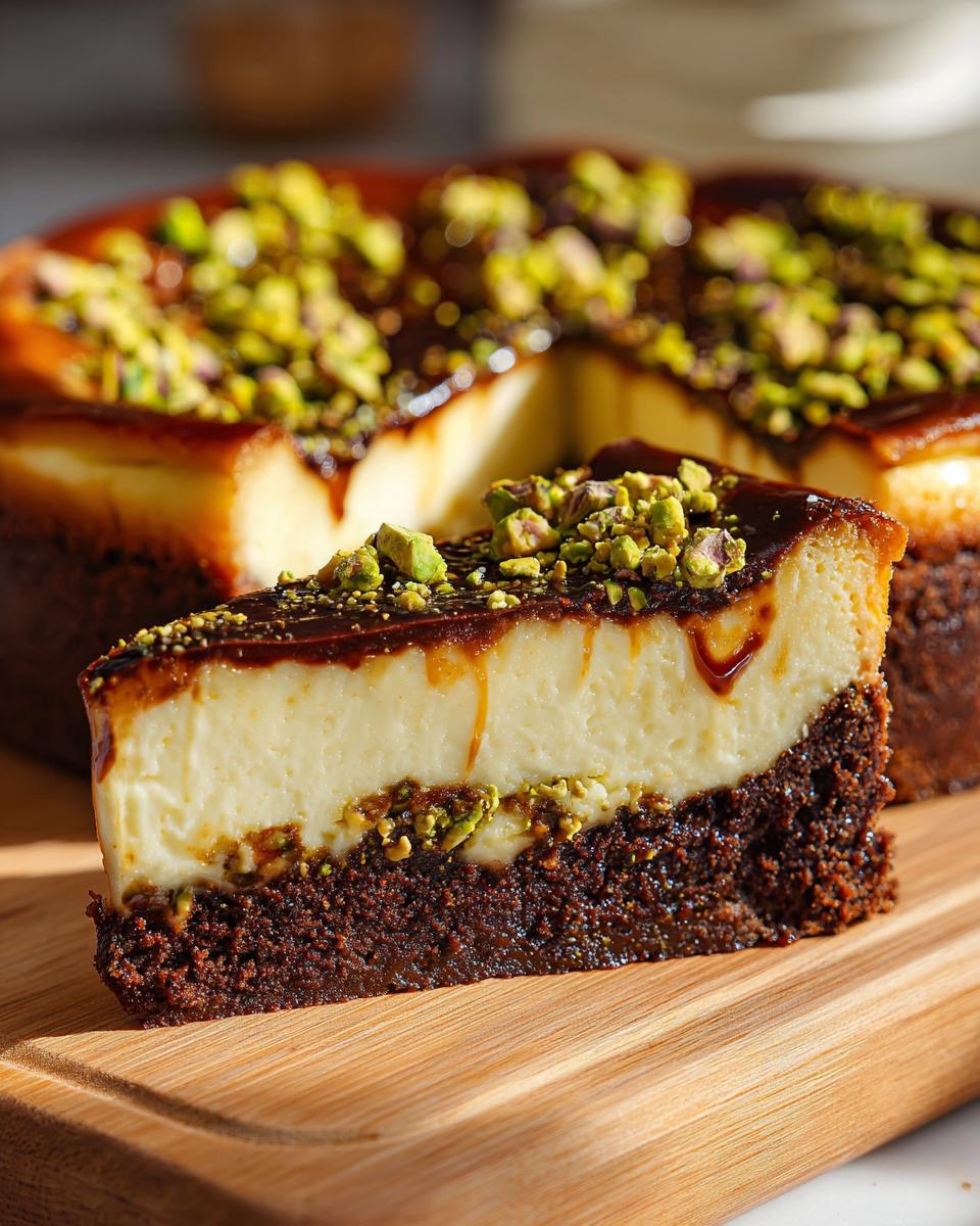 A slice of Pistachio Brownie Basque Cheesecake with a rich chocolate brownie base, creamy cheesecake layer, and pistachio topping.