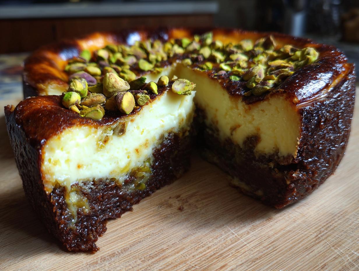 A slice of Pistachio Brownie Basque Cheesecake, showcasing the rich chocolate brownie base and creamy cheesecake topping sprinkled with pistachios.