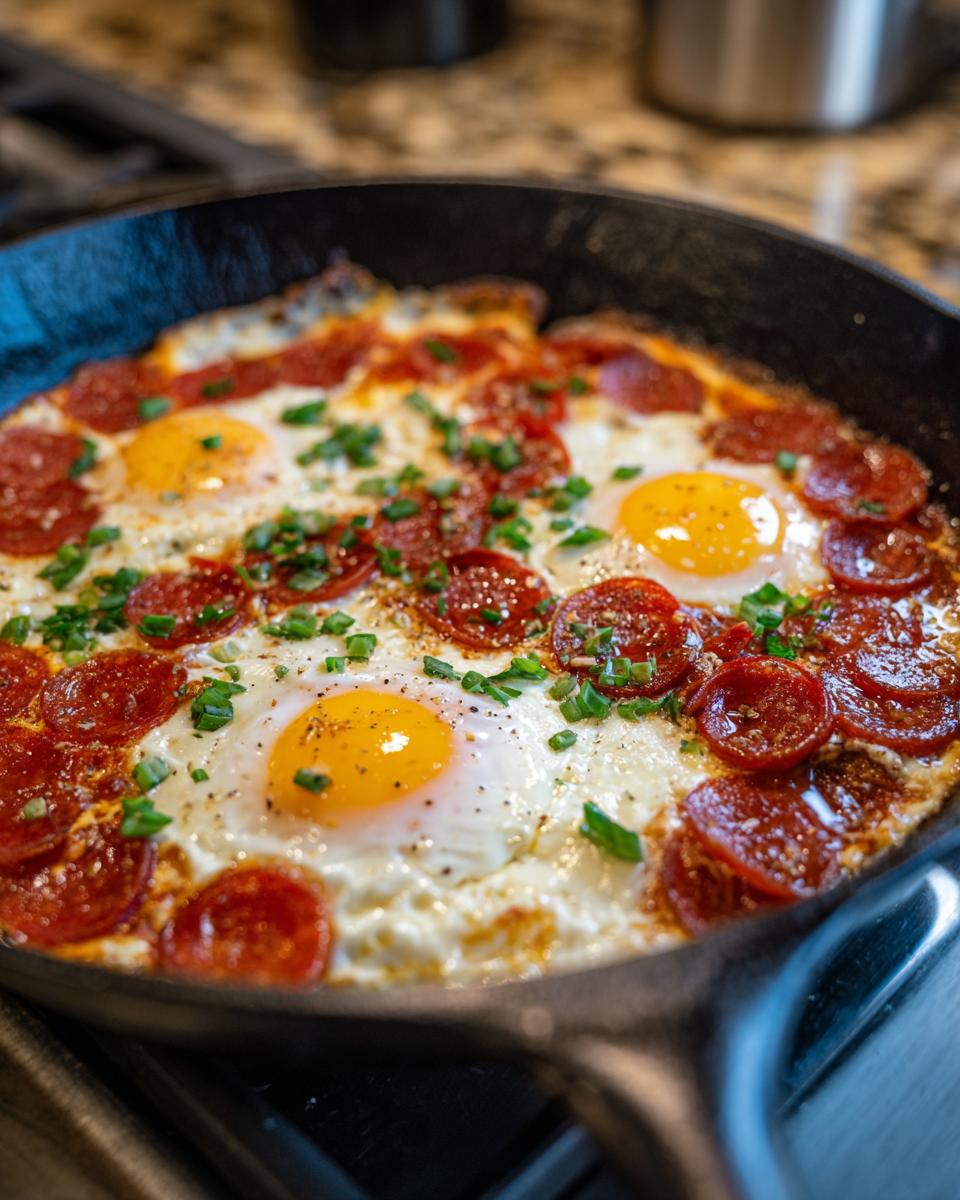 Close-up of pizza eggs cooked in a cast iron skillet with pepperoni and chives.