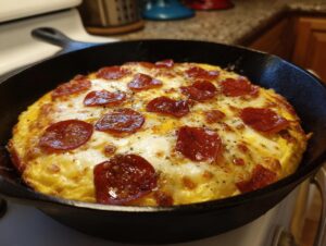 A freshly baked 5-ingredient pizza eggs dish in a cast iron skillet, topped with melted cheese and pepperoni.