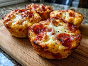 Close-up of golden-brown pizza muffins topped with melted cheese and pepperoni slices on a wooden board.
