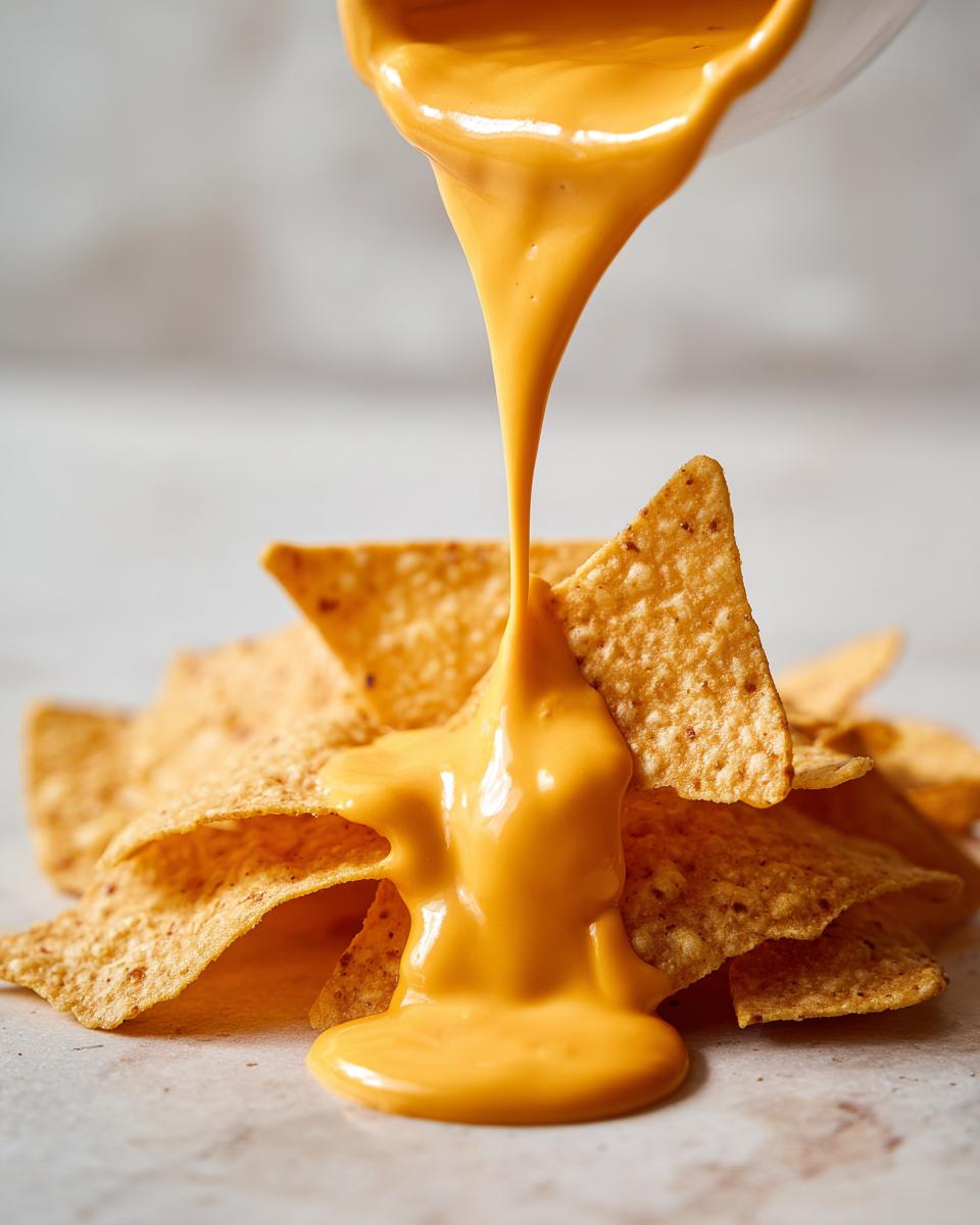 Close-up of thick, bright orange nacho cheese sauce being poured onto a pile of crispy tortilla chips.