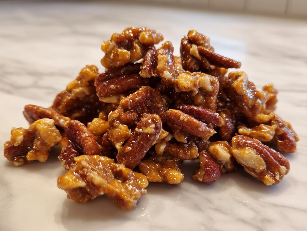 A close-up shot of a pile of sweet, glazed praline crunch made with pecans.