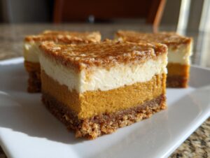 Close-up of three layered pumpkin cheesecake bars on a white plate, showcasing the pumpkin, cream cheese, and crust layers.