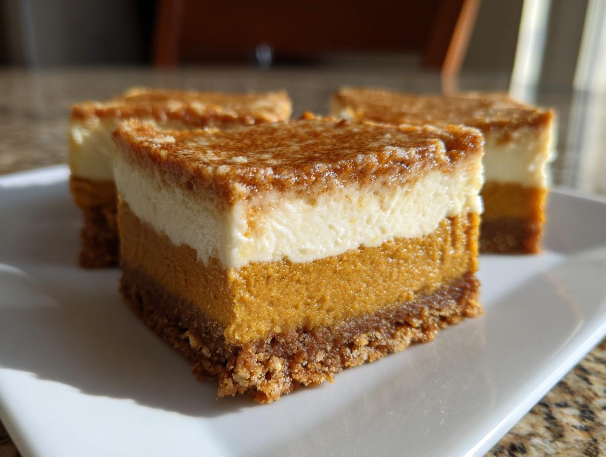 Close-up of three layered pumpkin cheesecake bars on a white plate, showcasing the pumpkin, cream cheese, and crust layers.