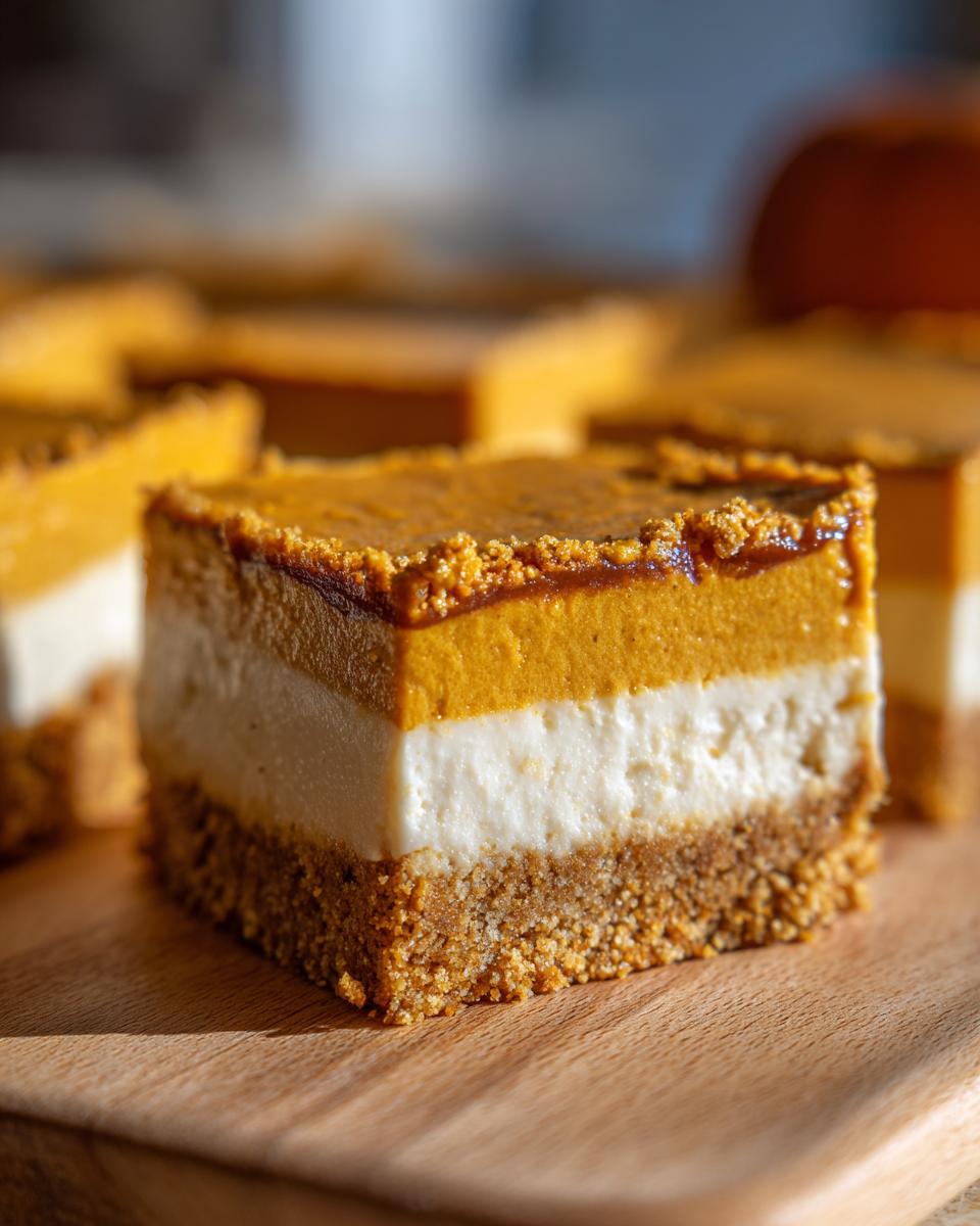 Close-up of a layered pumpkin cheesecake bar with a graham cracker crust and creamy filling.