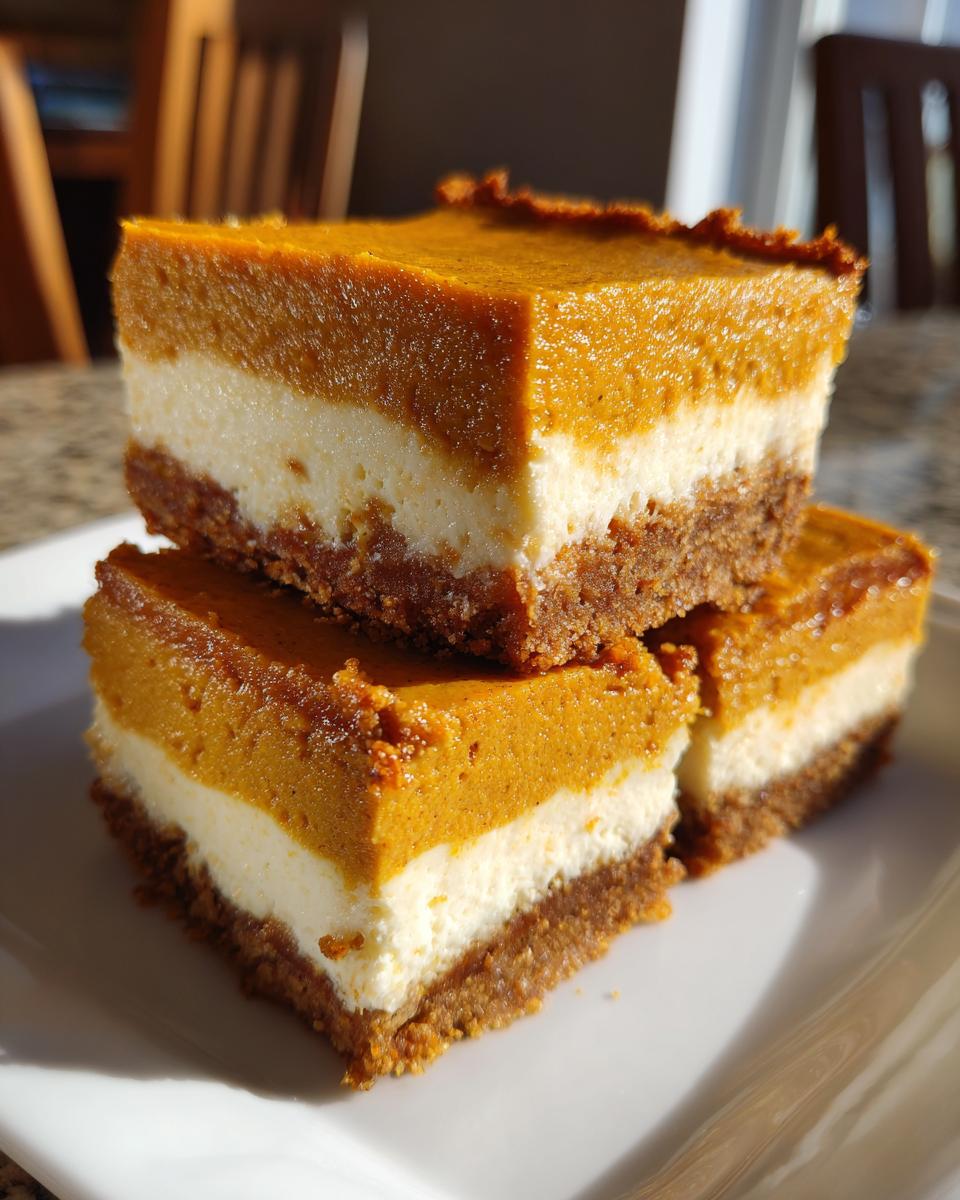 A stack of three delicious pumpkin cheesecake bars, featuring a graham cracker crust, creamy cheesecake layer, and smooth pumpkin topping.
