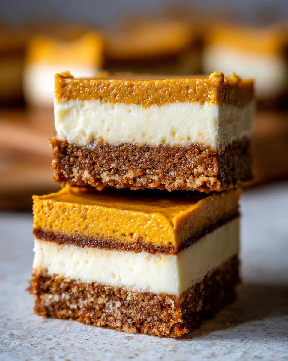 A close-up shot of two stacked Pumpkin Cheesecake Bars, showcasing their distinct layers.