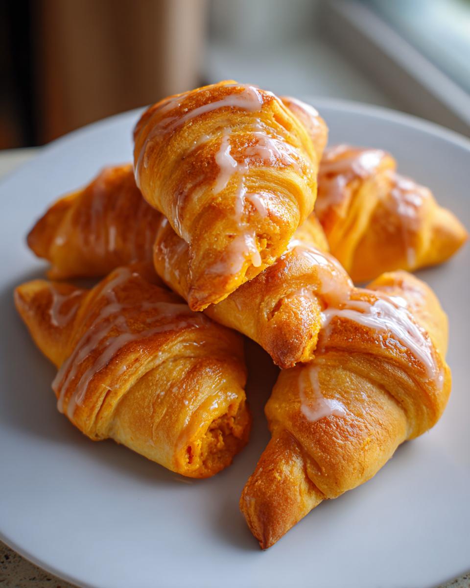 A stack of golden-brown pumpkin pie crescent rolls drizzled with white glaze on a white plate.