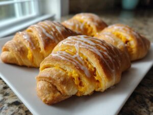 Close-up of four pumpkin pie crescent rolls drizzled with white glaze on a white plate.